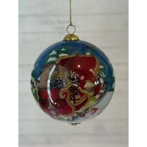 2005 Pier 1 Li Bien Hand Painted Glass Christmas Ornament Elves Sleigh